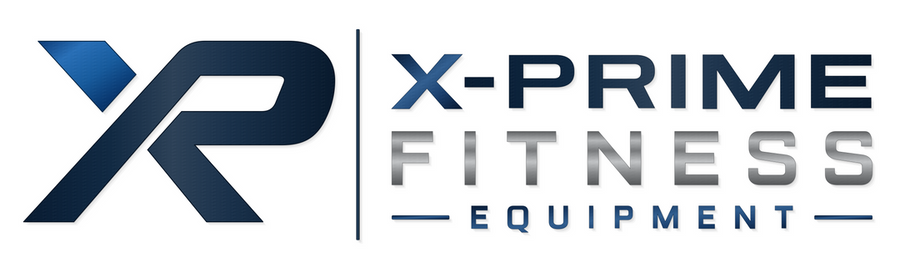 X-Prime Fitness Equipment logo in deep blue and silver on a white background