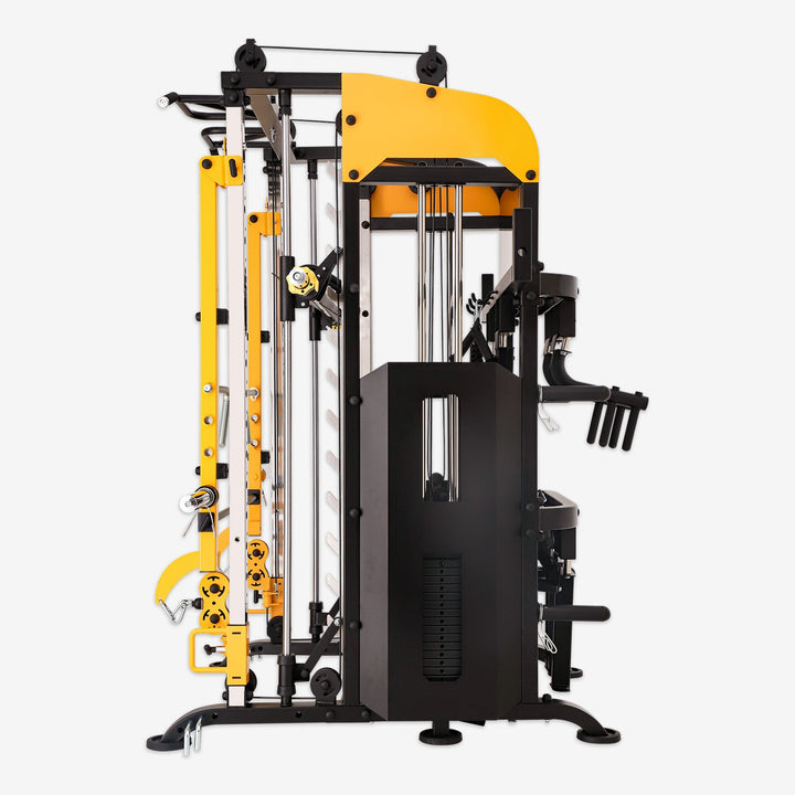 Gym machine with yellow and black components on a white background