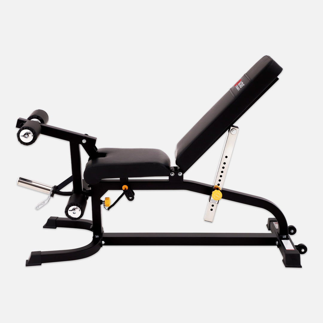 Black weight bench on a white background