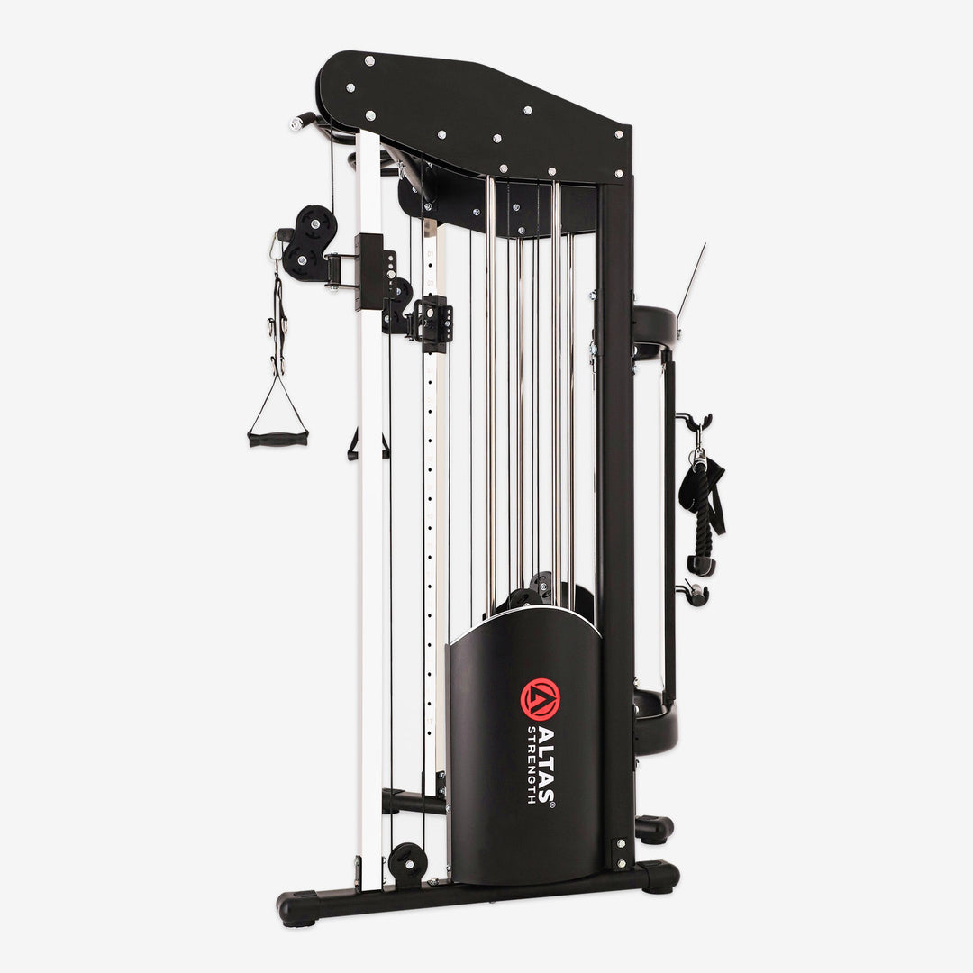 Black cable machine gym equipment with Altas Strength logo on a white background