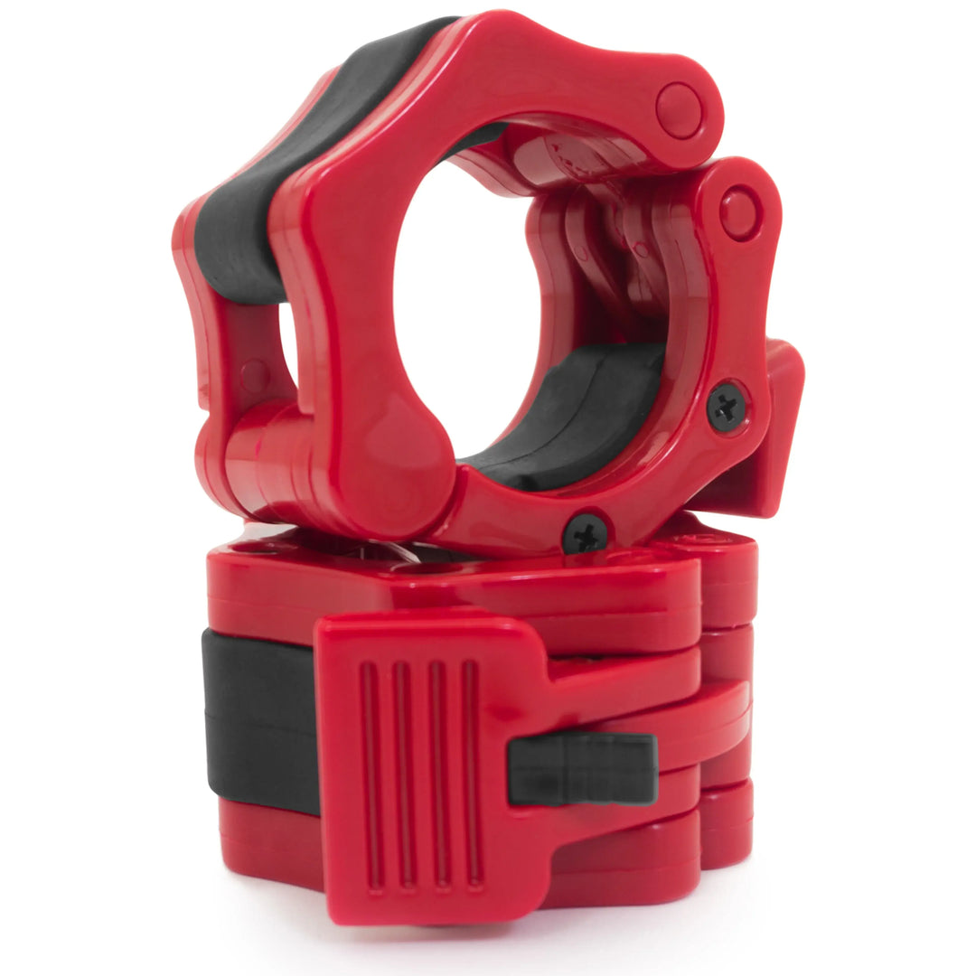 2-inch Olympic barbell collars by X-RIVAL in red, providing secure grips for weightlifting and fitness routines.