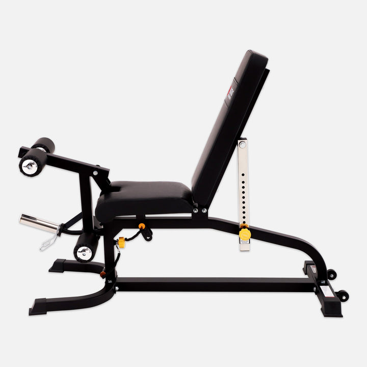 Black weight bench with adjustable backrest on a white background