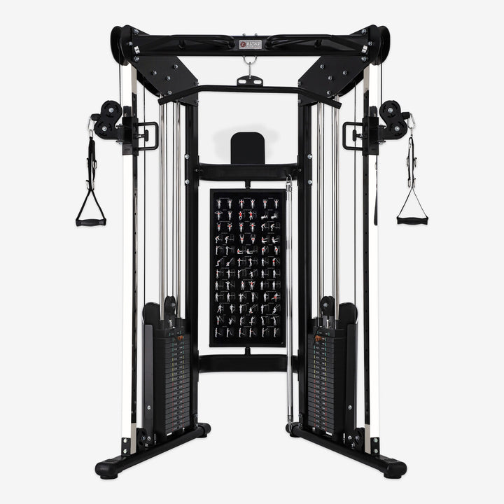 Gym equipment with weight stack and pulley system on a white background