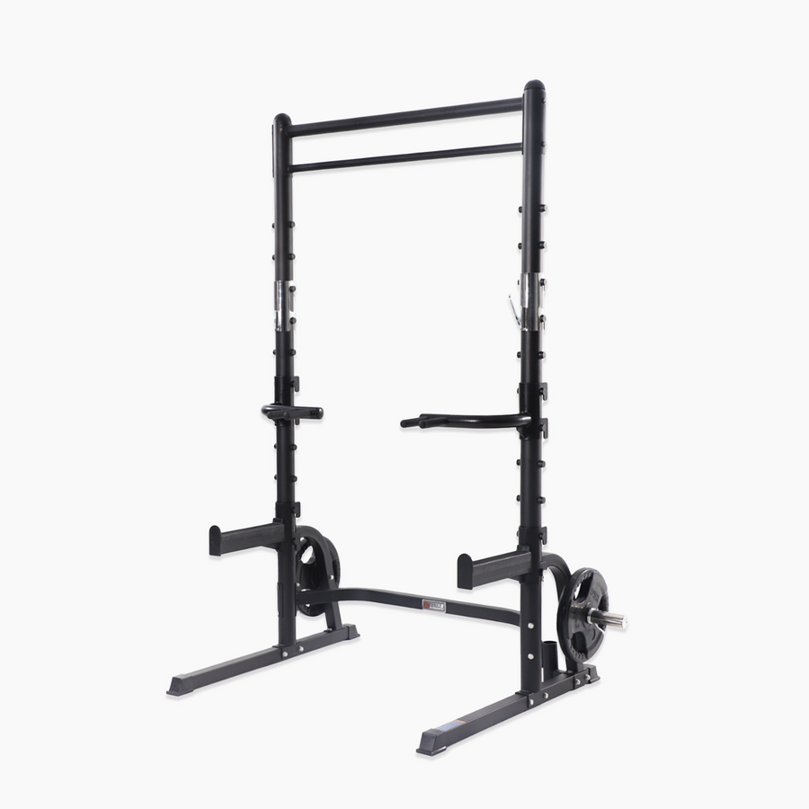 Black weightlifting rack on a white background