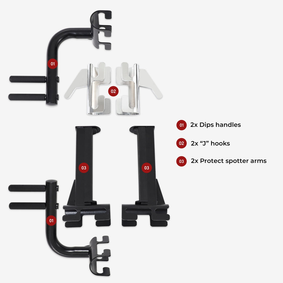 Set of black metal hooks with labeled components on a white background