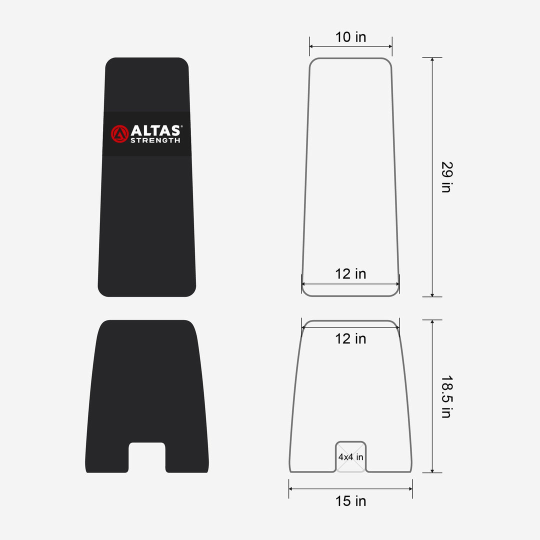 Black weightlifting platform with Altas Strength logo and dimensions on a white background