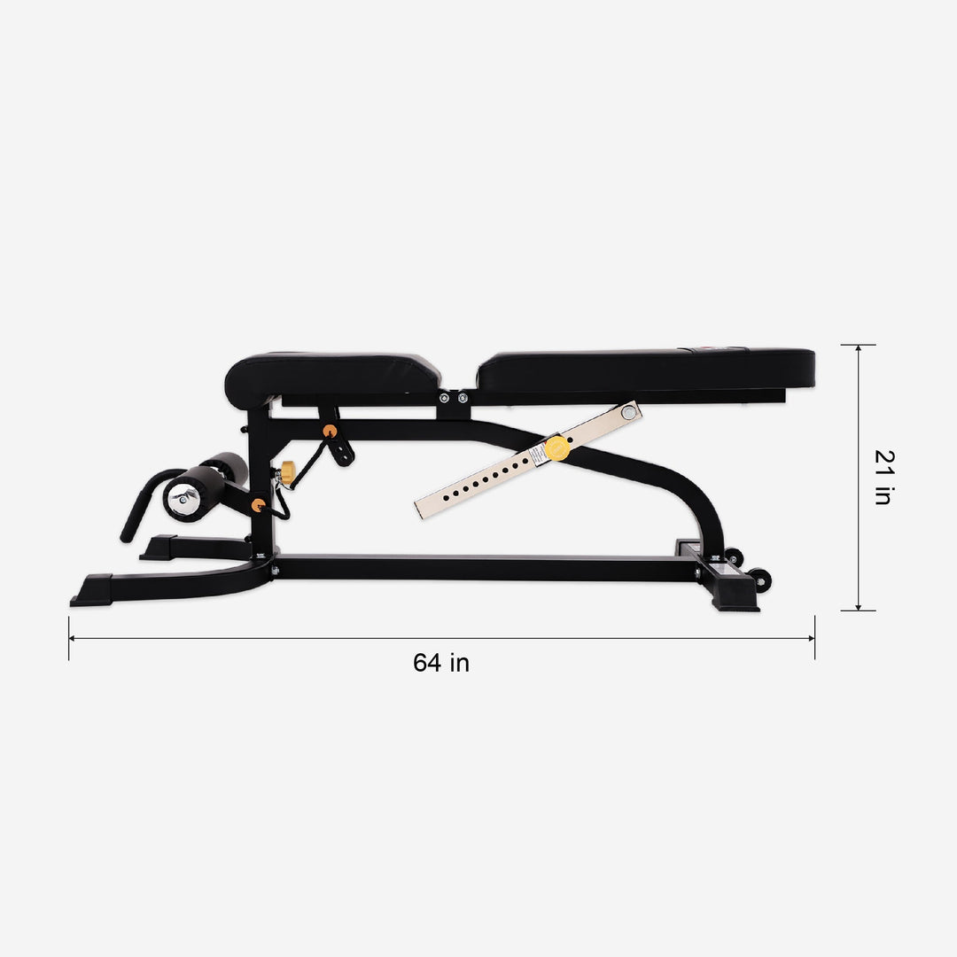 Black gym bench with measurements on a white background