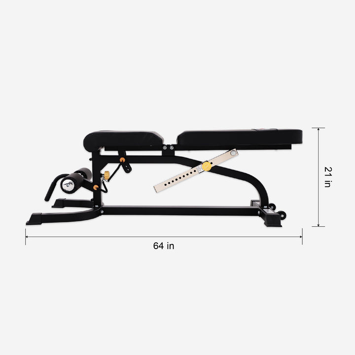 Black gym bench with measurements on a white background