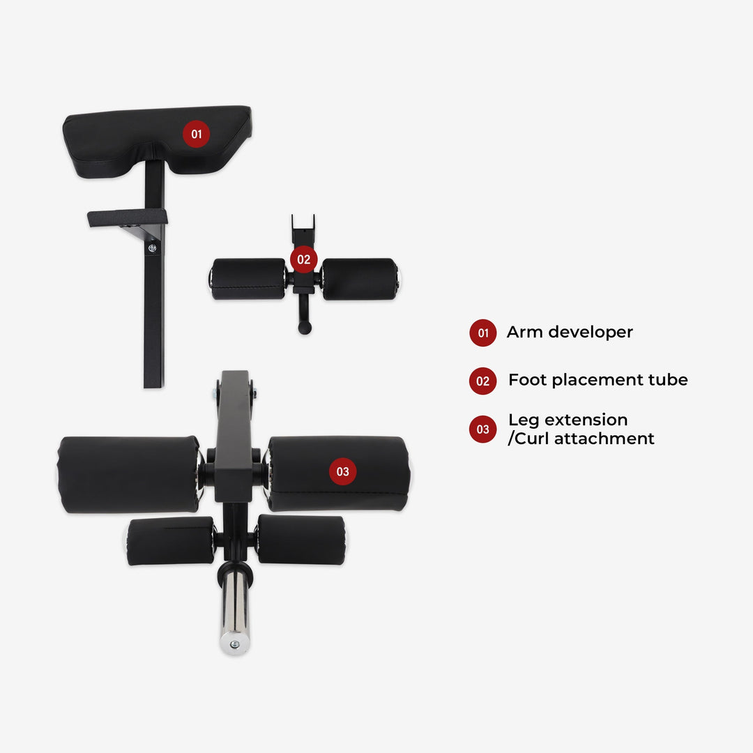 Black adjustable gym device with labeled parts on a white background