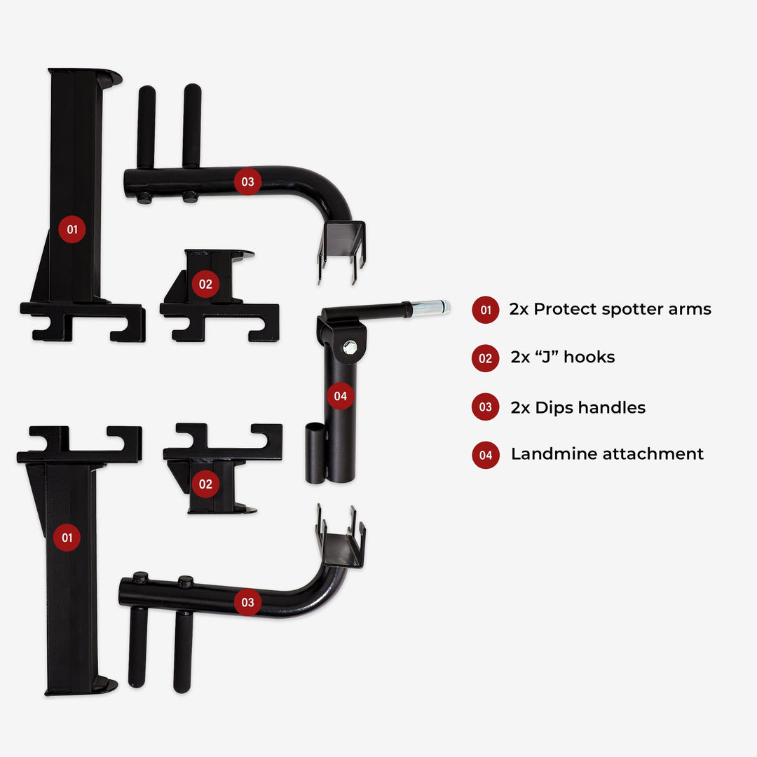 Set of black metal attachments with labels on a white background