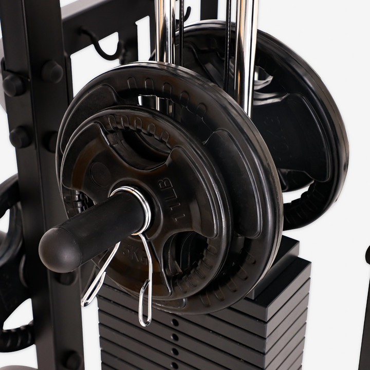 Close-up of a weightlifting barbell with weight plates on a white background