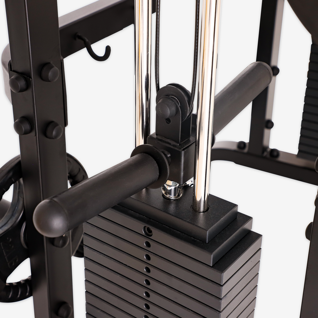 Close-up of a weightlifting rack with weight plates on a white background