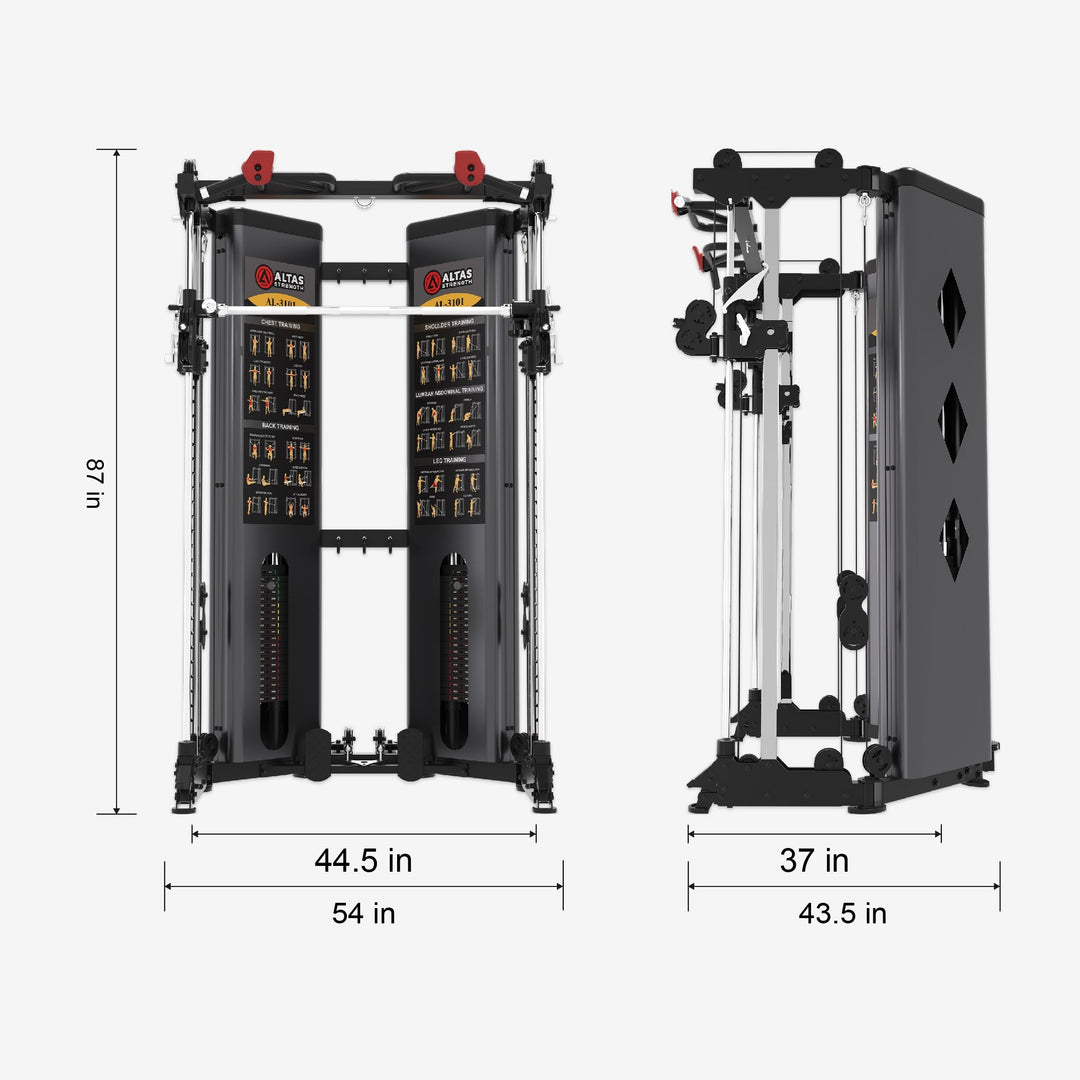 Gym equipment frame with dimensions labeled on a white background
