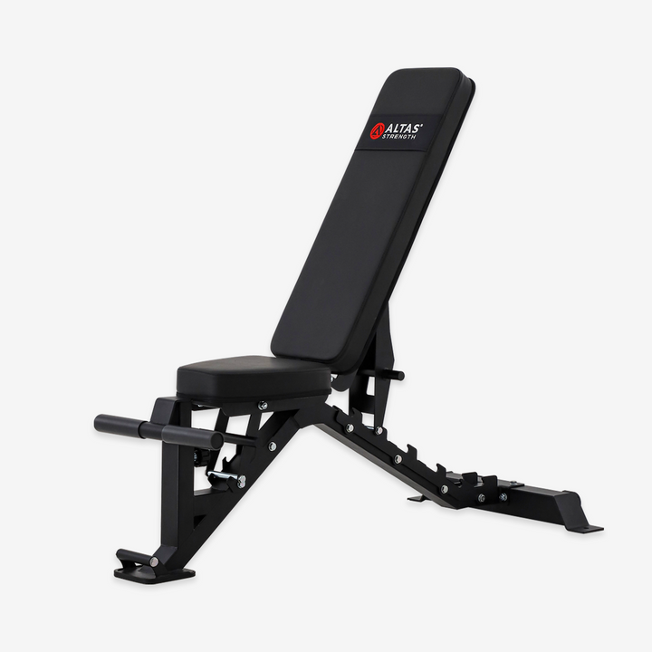 Black weight bench with 'Altas Strength' logo on a white background