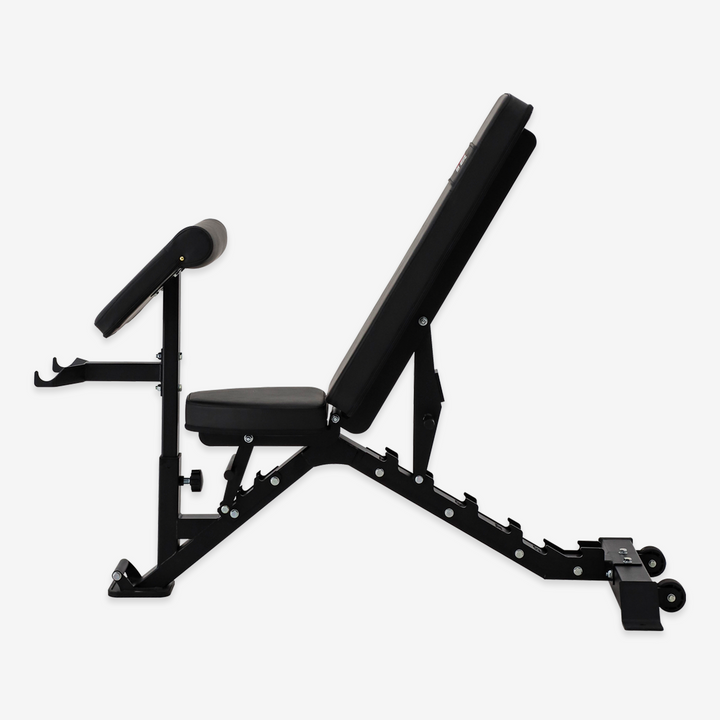 Black adjustable weight bench on a white background