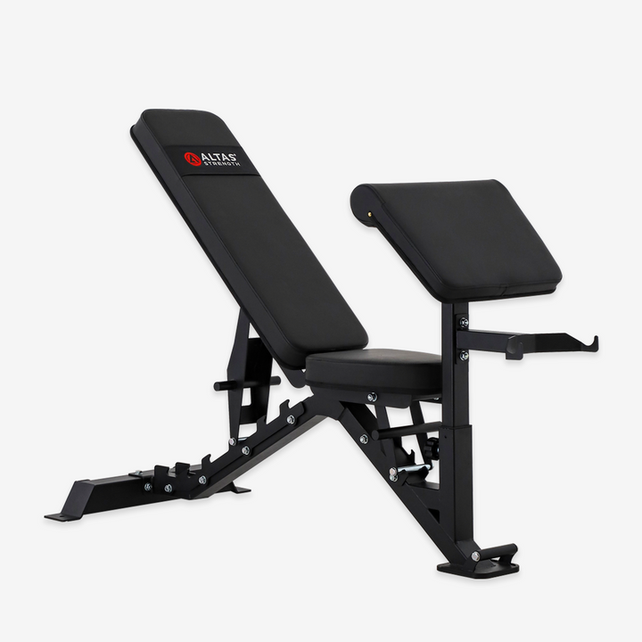 Black adjustable weight bench with 'Altas Strength' logo on a white background