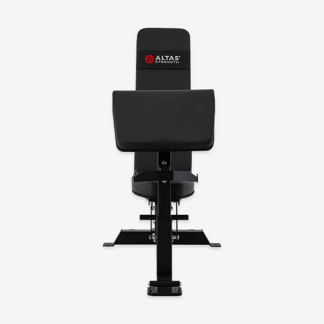 Black weight bench with 'Altas' branding on a white background
