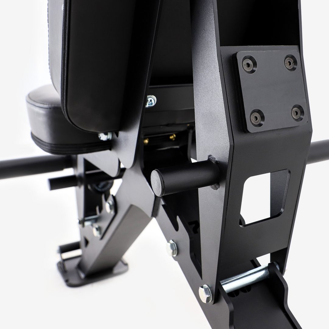 Close-up of a black and gray weight bench on a white background