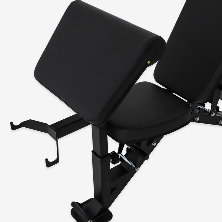 Black weight bench on a white background
