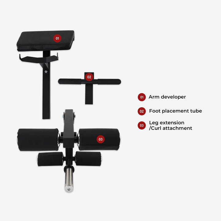 Black gym machine with labeled parts on a white background