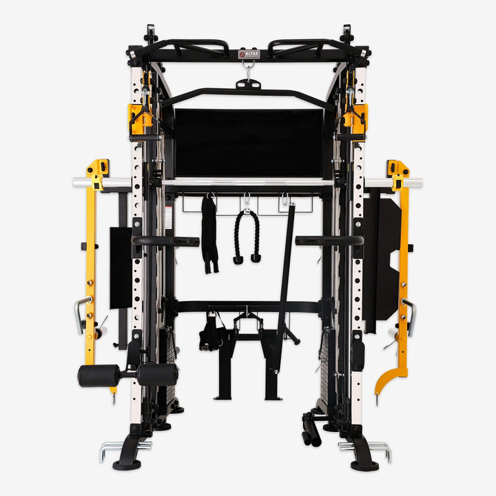 Gym power rack with attachments on a white background