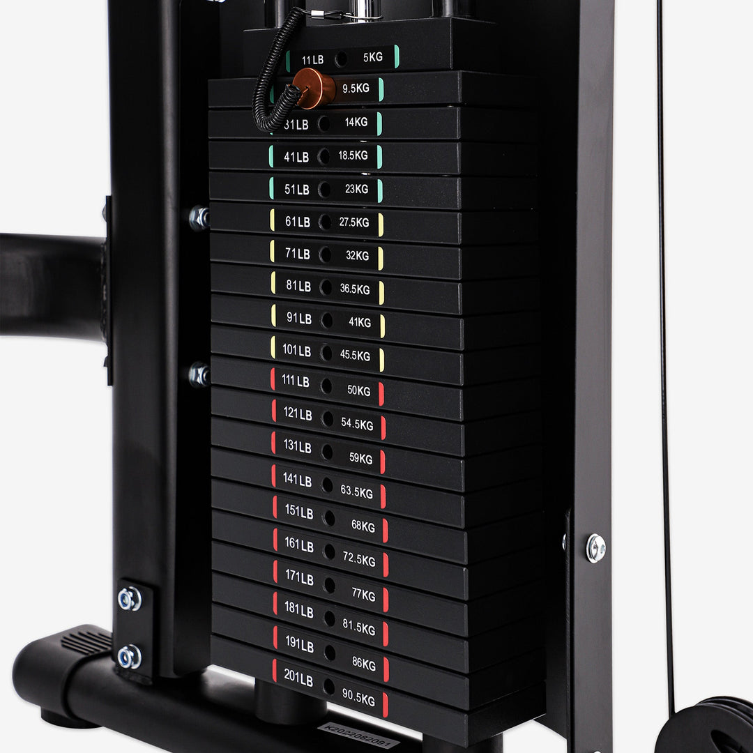 Stack of weight plates with labeled weight capacities on a black stand.