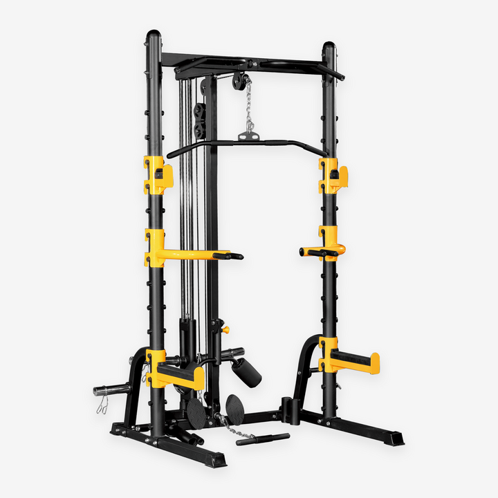 Black and yellow weightlifting cage on a white background