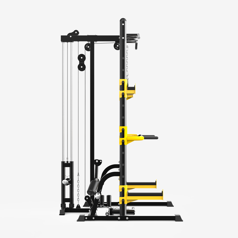 Gym cable machine with black and yellow components on a white background