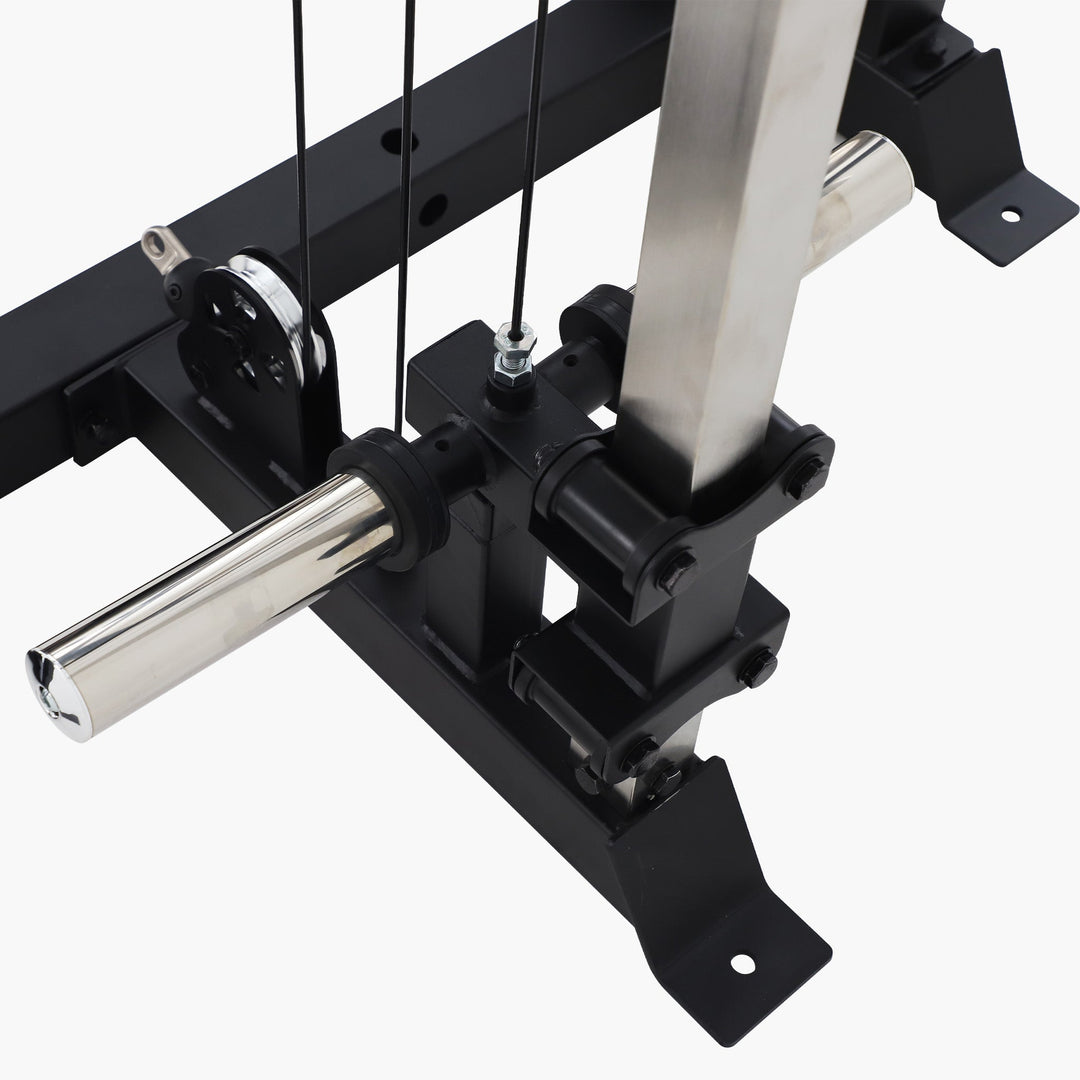 Close-up of a mechanical device with metal rods and black frame on a white background