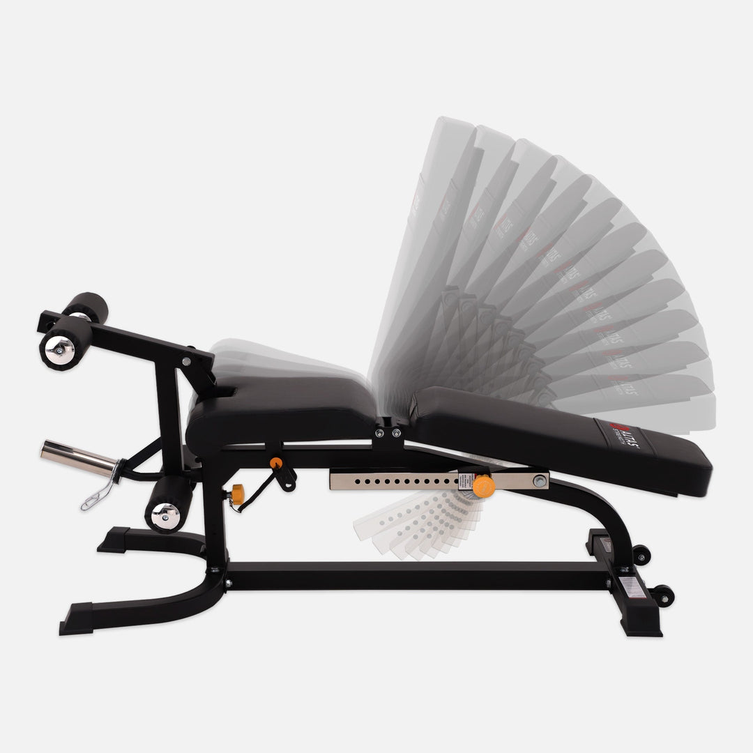Black adjustable weight bench with gray cushion on a white background