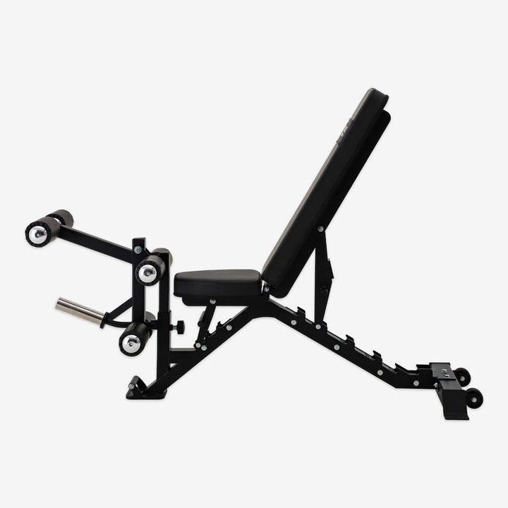 Black weight bench on a white background