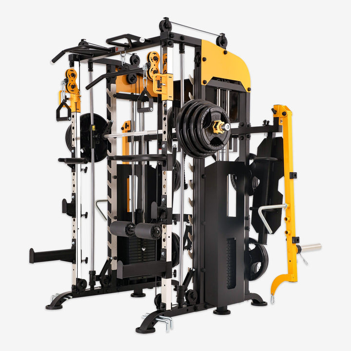 Gym machine with yellow and black components on a white background