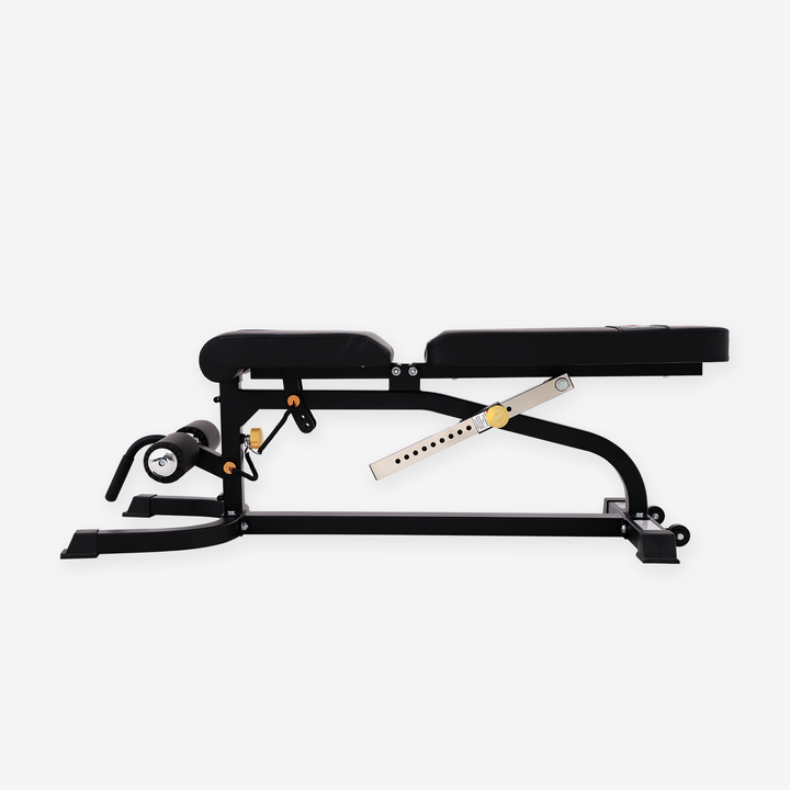Black weight bench on a white background