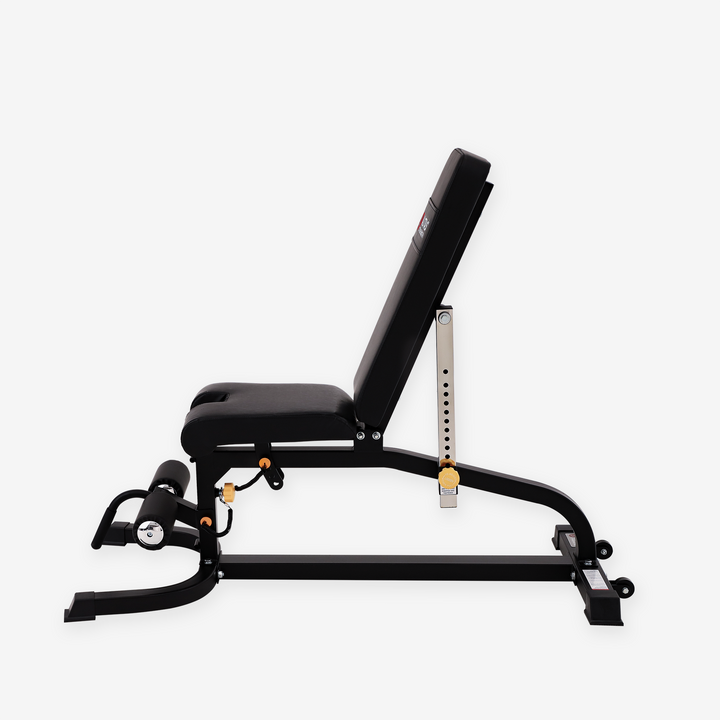 Black adjustable weight bench on a white background