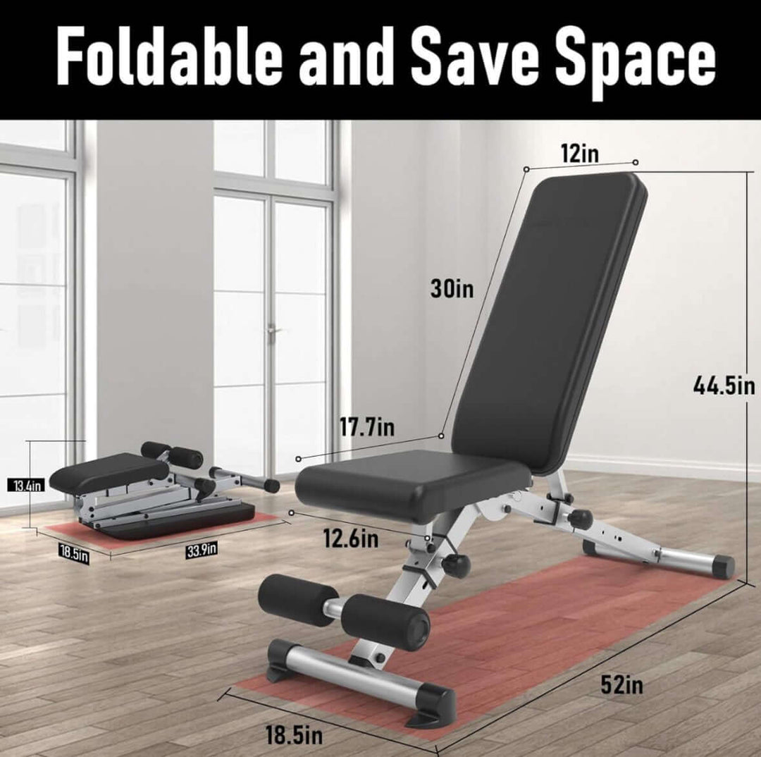 Adjustable bench XRAB02 showcasing foldable design for easy storage, with dimensions displayed for convenience.