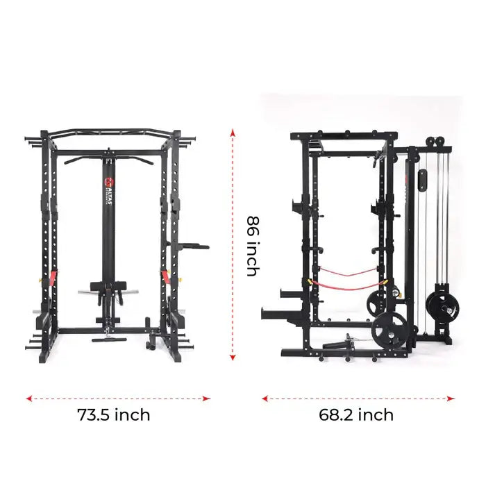 ALTAS AL-3028 squat rack dimensions: 73.5 x 68.2 x 86 inches, ideal for strength training in gyms.