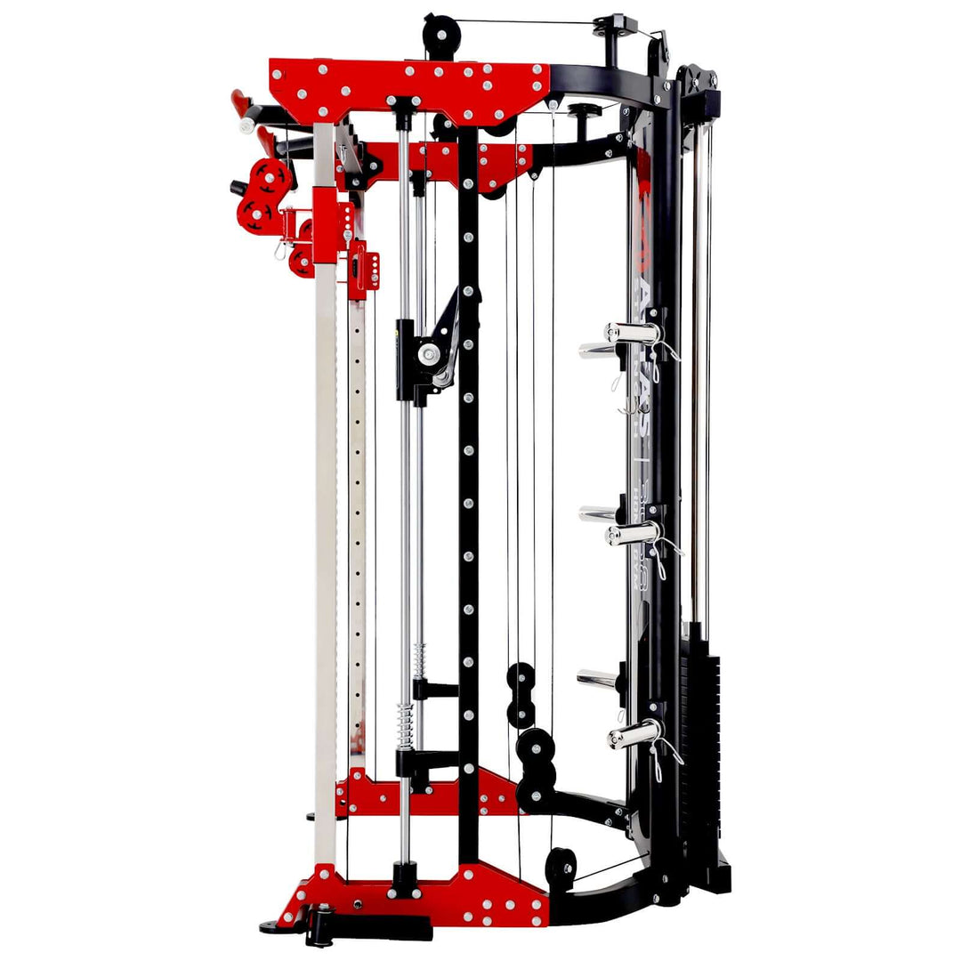 ALTAS AL-3058G Smith Machine for home gym, pin-loaded weights, compact design, features pulleys and multiple strength training options.