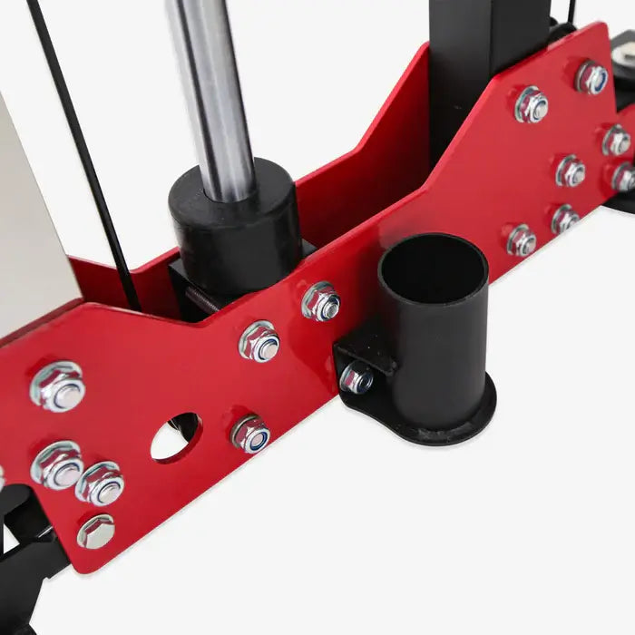 Close-up of the ALTAS AL-3107 Folding Smith Machine components, showcasing robust red and black design with bolts and weights.