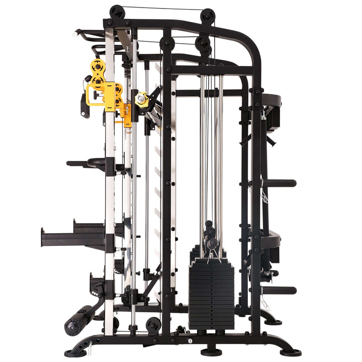 ALTAS AL-M810 Smith Machine showcasing full-body workout features with pulley system, squat rack, and adjustable weights.