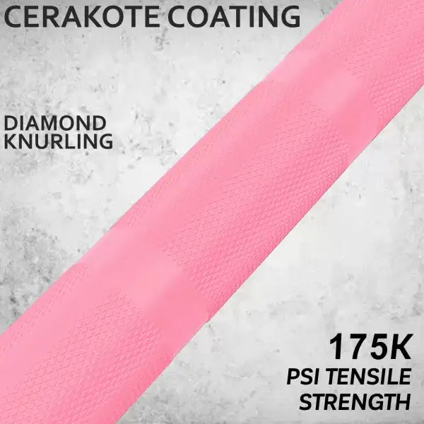 Close-up of X-RIVAL Olympic bar with Cerakote coating, featuring diamond knurling and tensile strength rating of 175K PSI.