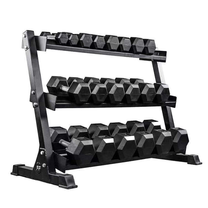 X-RIVAL Rubber Hex Dumbbell rack showcasing premium strength weights for effective home and gym workouts.