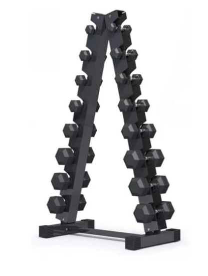 Set of black hexagonal dumbbells on a stand against a white background