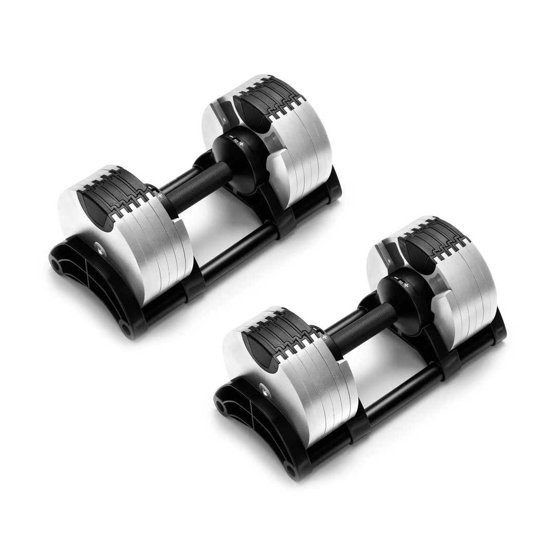 Nuo Style Adjustable Dumbbells 50LB pair, space-saving design for strength training, suitable for home workouts.