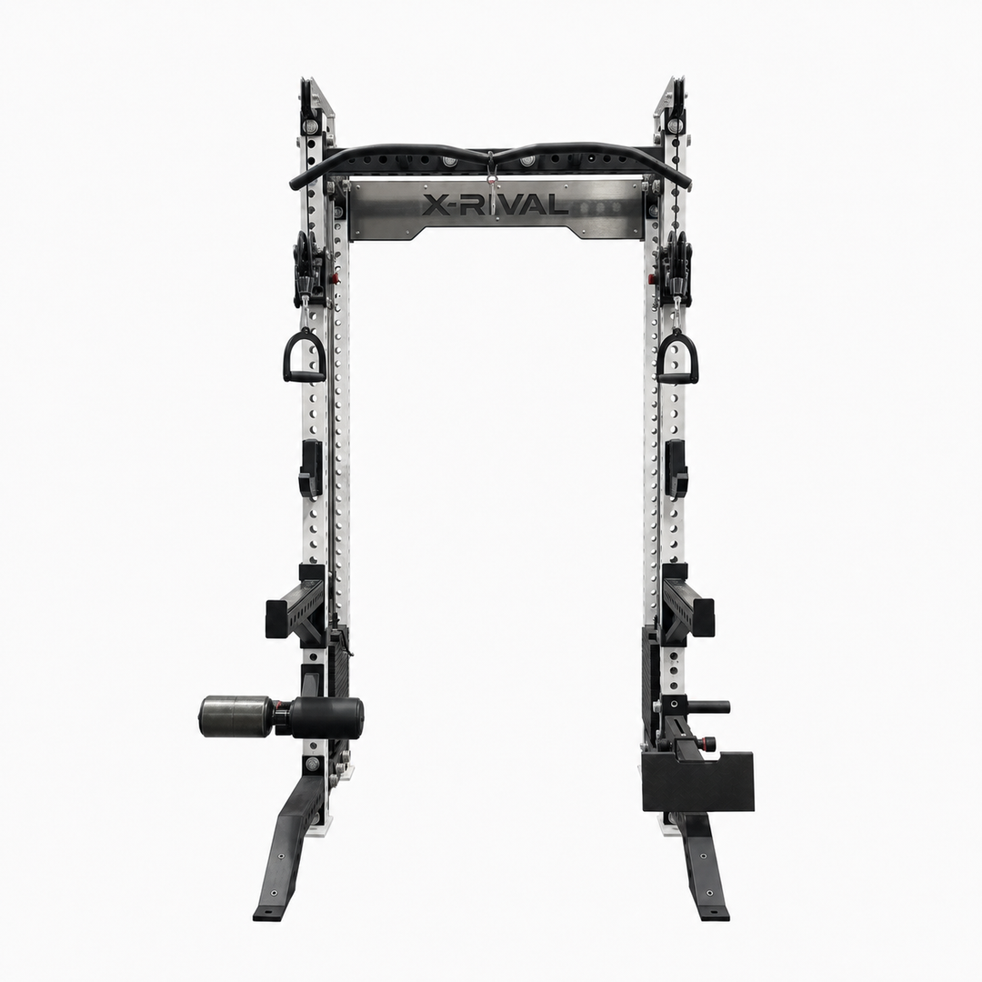 A black and silver X-Rival multi-functional power rack gym machine, shown from the front against a solid white background.