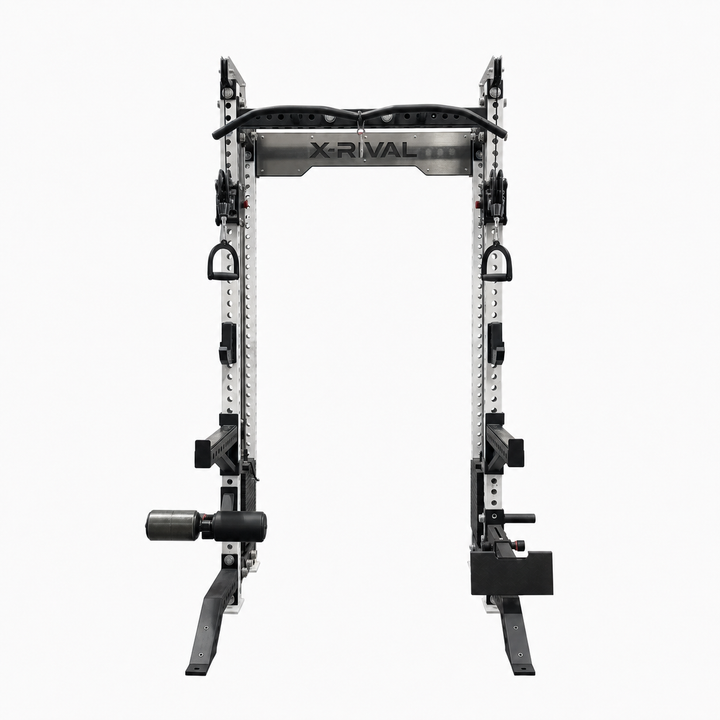 A black and silver X-Rival multi-functional power rack gym machine, shown from the front against a solid white background.