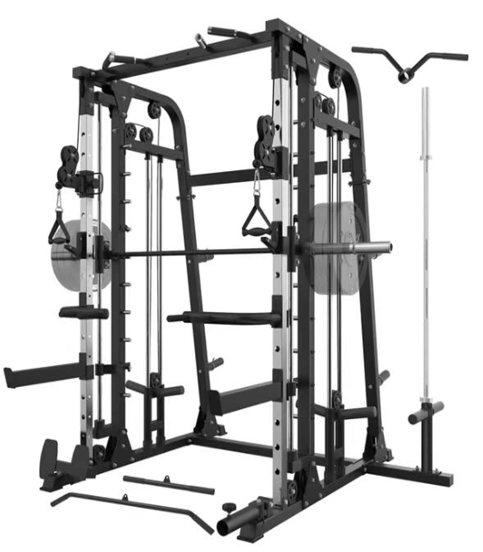 Multi-Function Smith Machine XRSF10 combining power rack and cable system for versatile strength training.