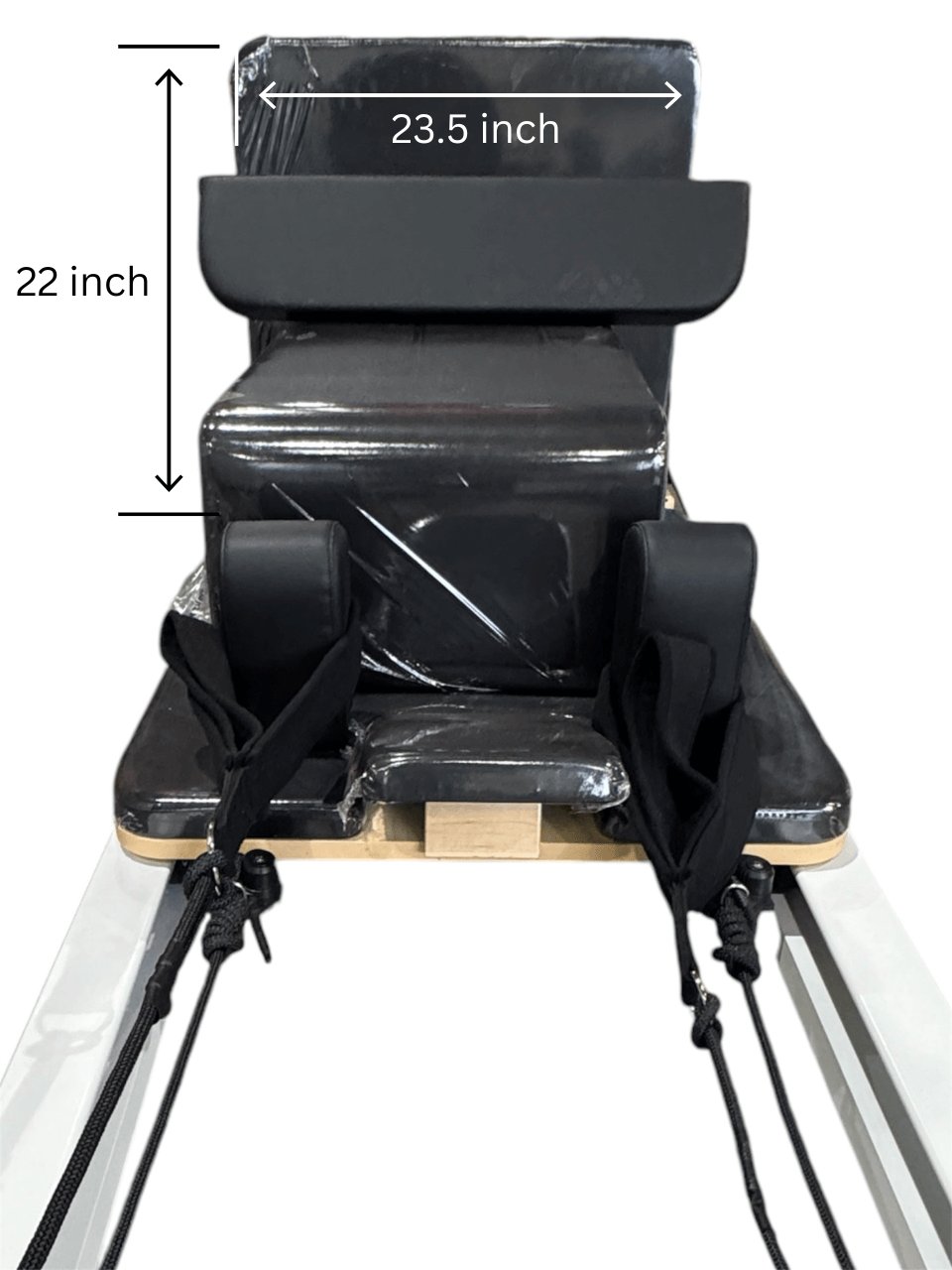 Close-up of Pilates Reformer S with dimensions 23.5 inch and 22 inch, ideal for home and studio workouts in Canada.