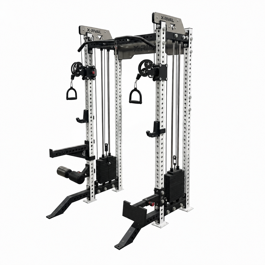 Ximbal dual cable pulley system with a pull-up bar and weight plates, shown on a solid white background.