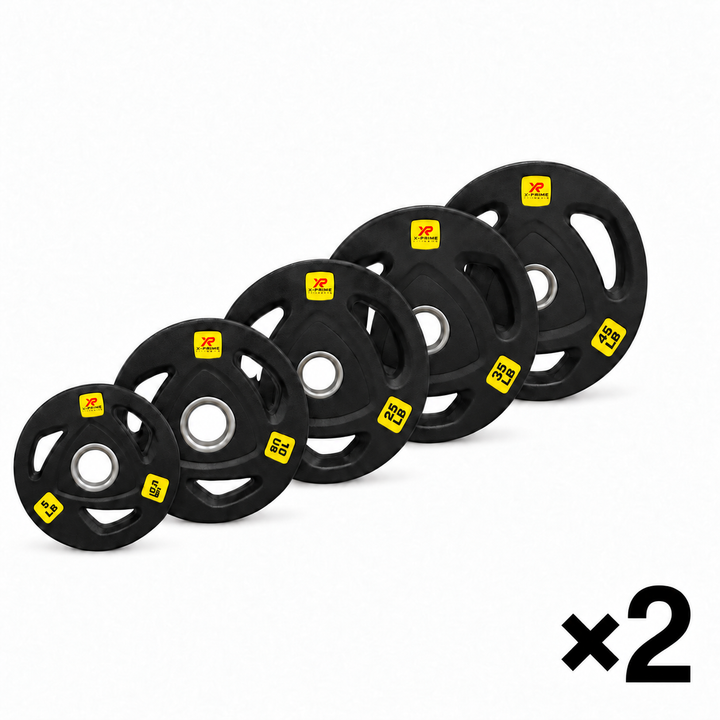 X-Prime 240 lb Olympic weight plate set: 5, 10, 25, 35 and 45 lb plates arranged diagonally with x2, indicating one pair of each weight