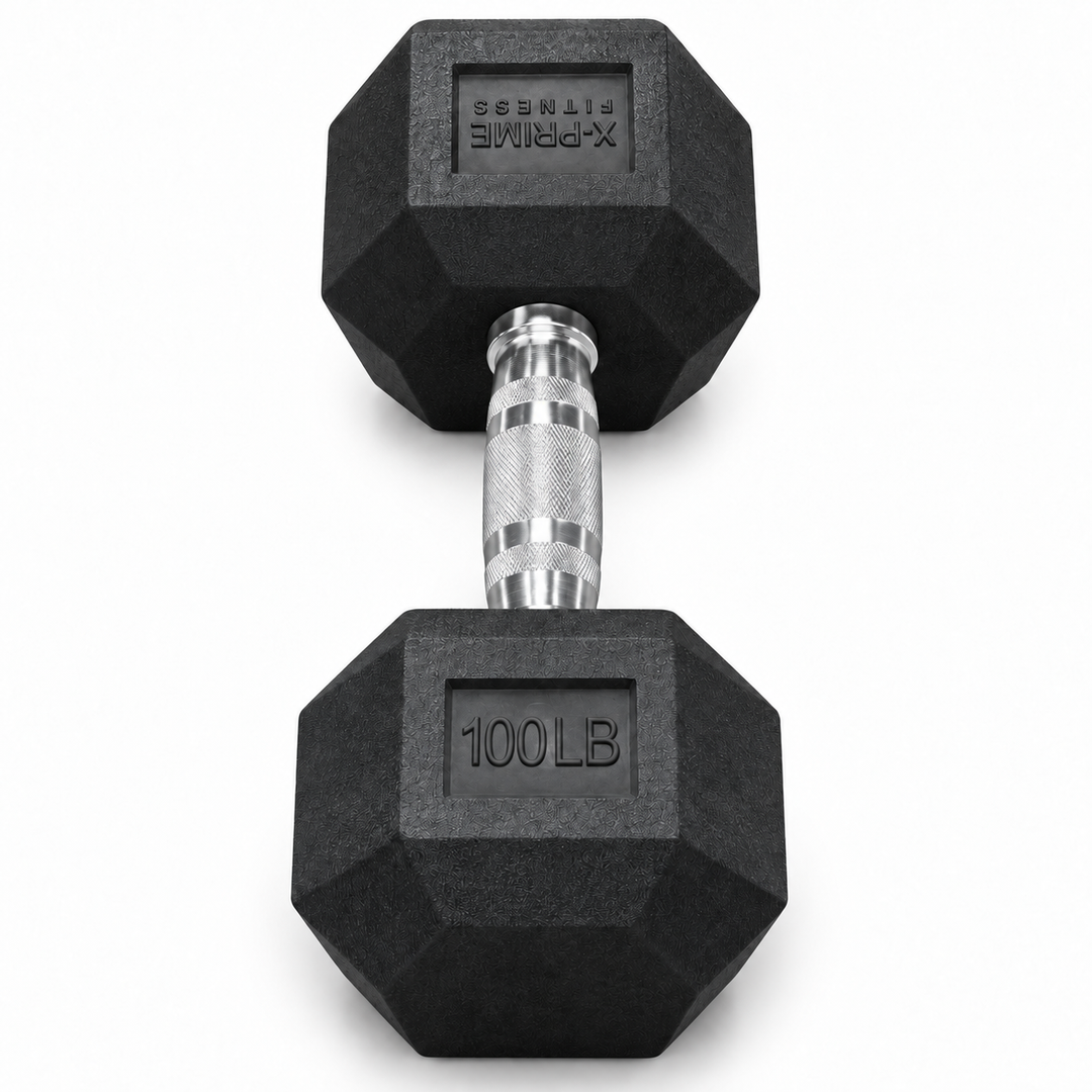 X-Prime Fitness 100 lb rubber hex dumbbell on white background, sold as a pair